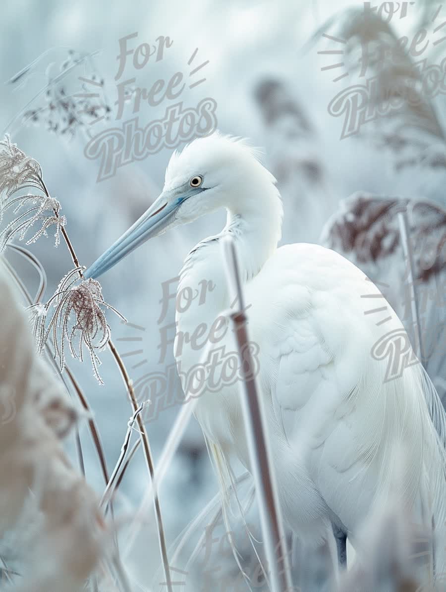 Elegant White Heron in Frosty Marshland: Serene Nature Photography