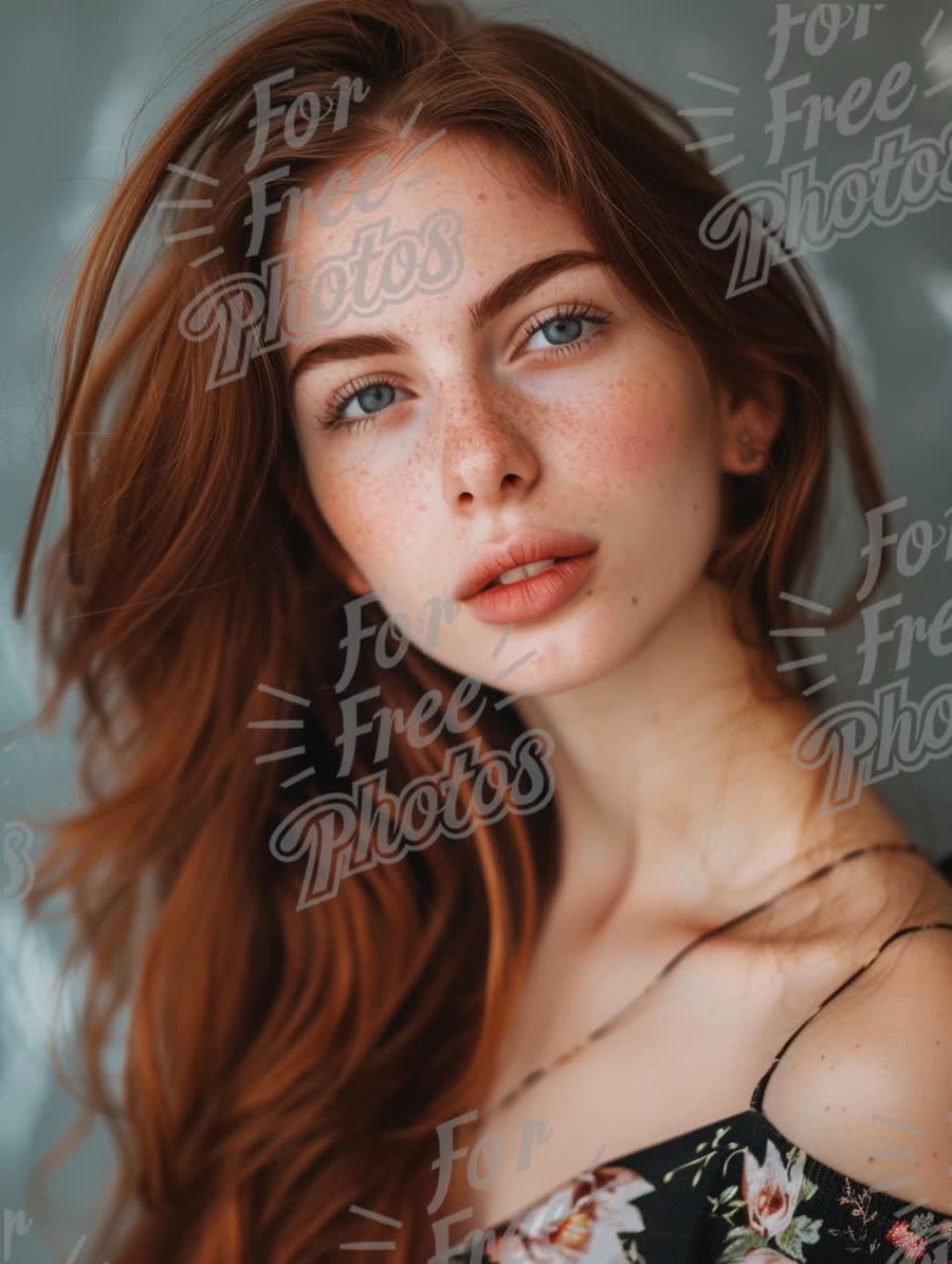 Natural Beauty Portrait with Freckles and Flowing Red Hair