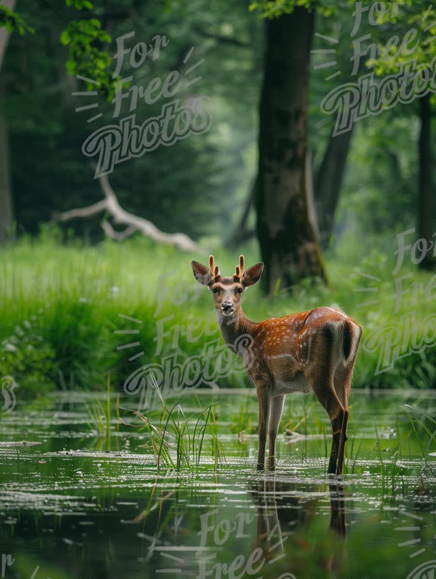 Serene Forest Scene: Young Deer in Tranquil Water Reflection