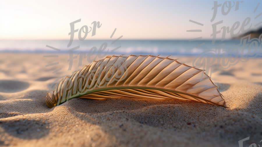 Serene Beach Scene with Palm Leaf on Sandy Shore at Sunset