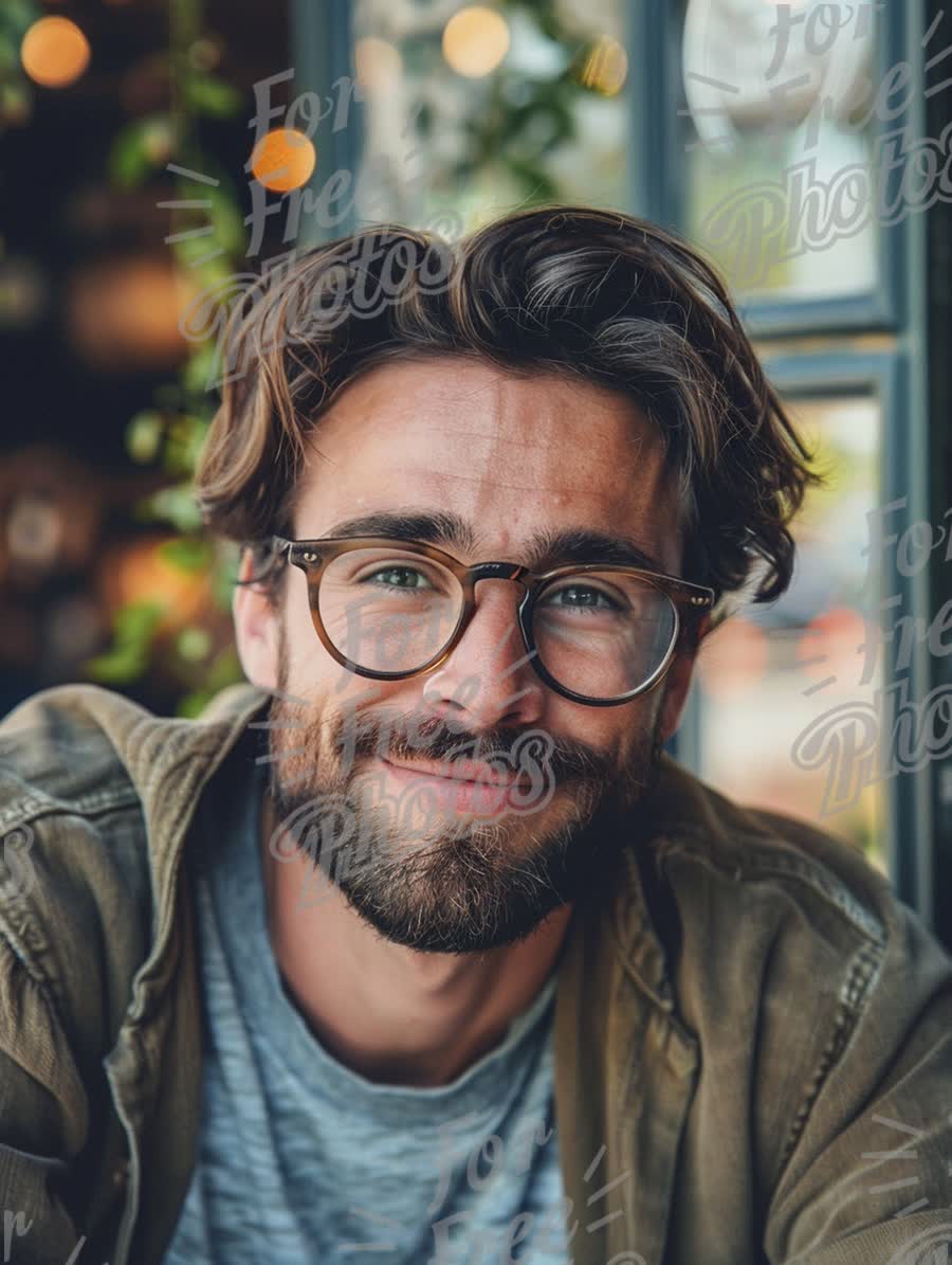 Charming Young Man with Glasses and Stylish Hair in Cozy Cafe Setting