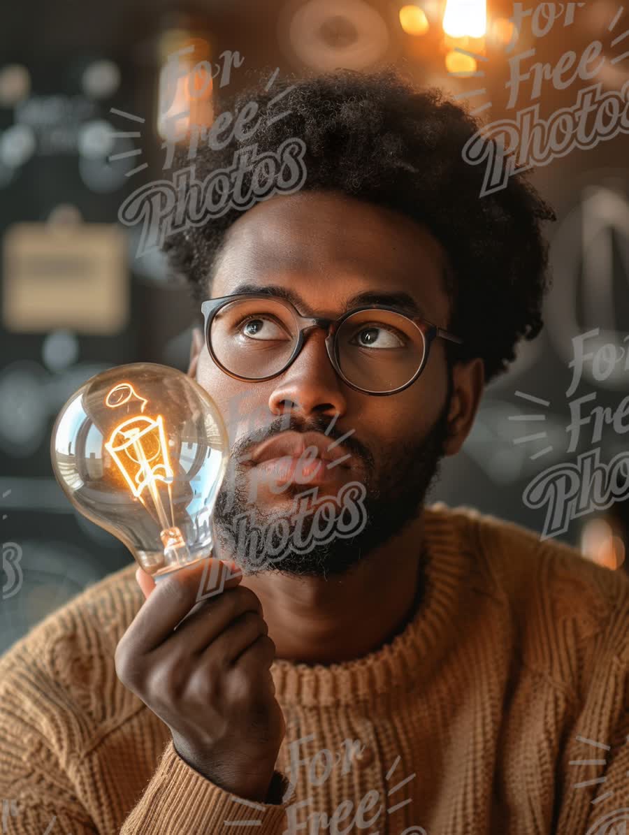 Creative Inspiration: Thoughtful Man Holding Light Bulb in Cozy Workspace