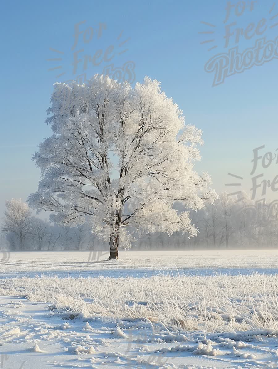 Majestic Frost-Covered Tree in Winter Wonderland Landscape