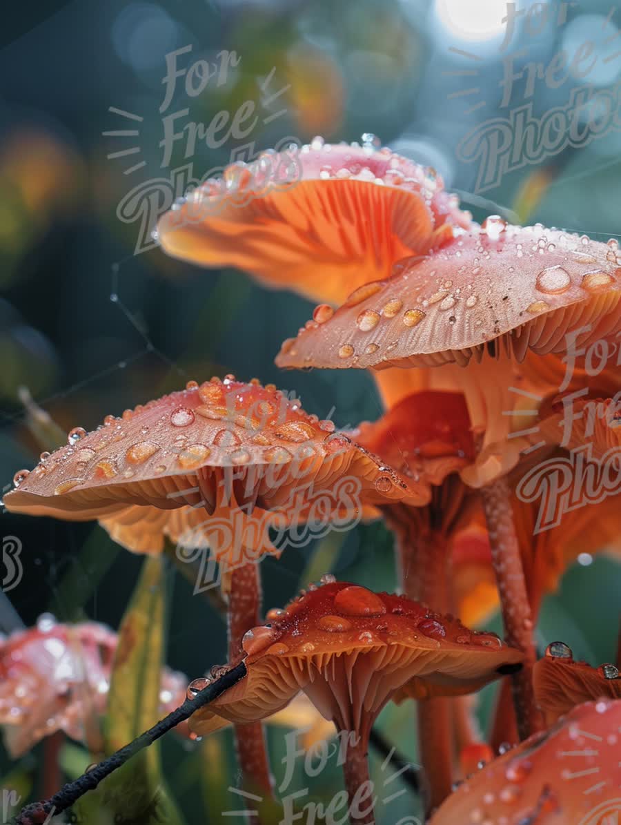 Vibrant Orange Mushrooms with Dew Drops in a Lush Forest Setting