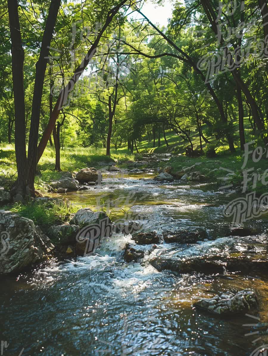 Tranquil Forest Stream: Serene Nature Landscape with Lush Greenery