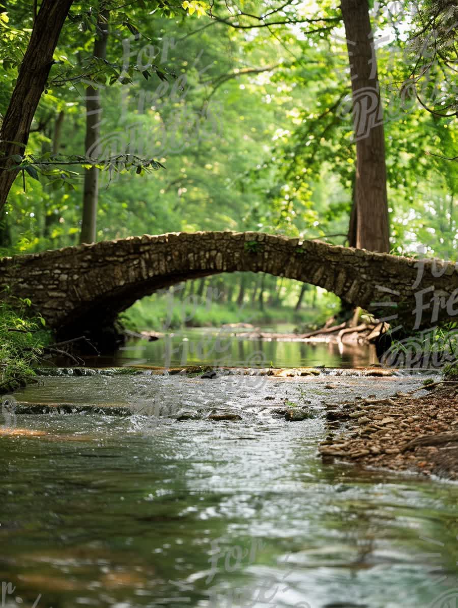 Tranquil Stone Bridge Over Serene Stream in Lush Green Forest