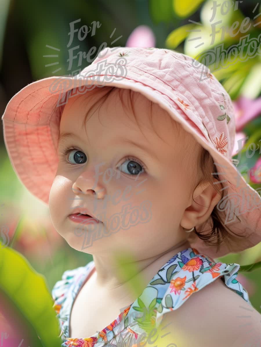 Adorable Baby in Floral Hat Surrounded by Nature