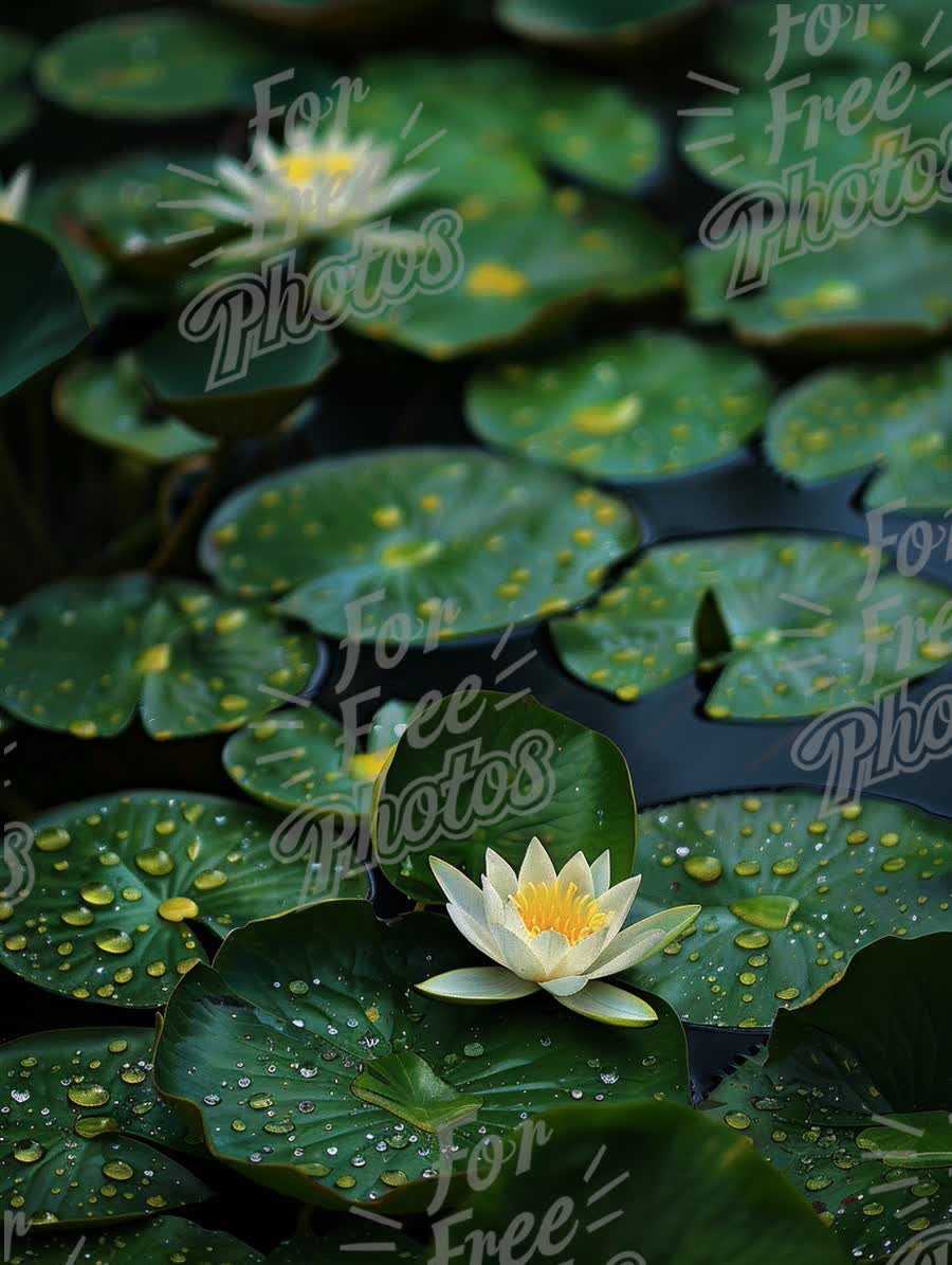 Serene Water Lily Pond with Raindrops: Tranquil Nature Scene