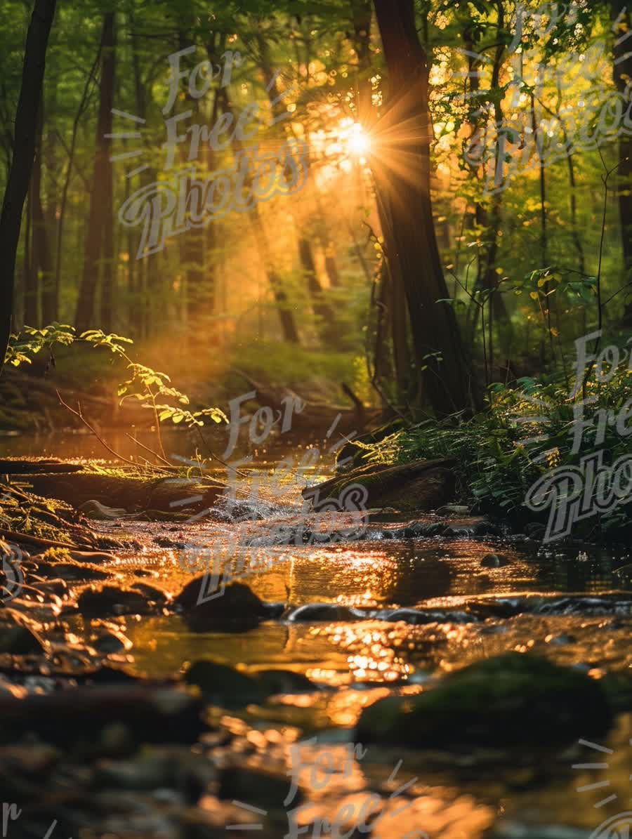 Tranquil Forest Stream at Sunrise: Nature's Serenity and Golden Light