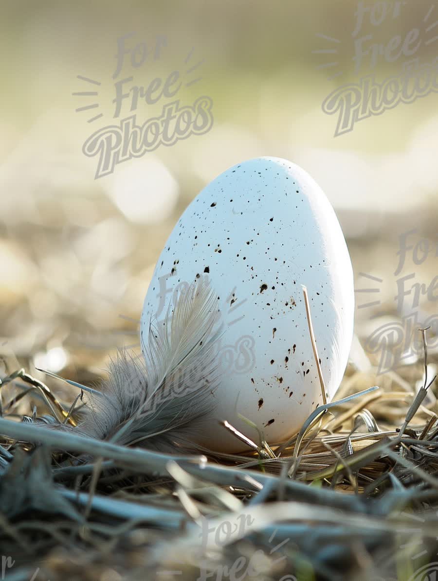 Delicate Nature: Close-Up of a Speckled Egg with Feather on Natural Background