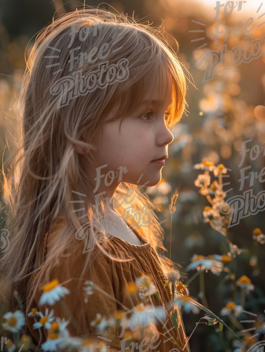 Serene Child in Sunlit Flower Field: Captivating Portrait of Innocence and Nature