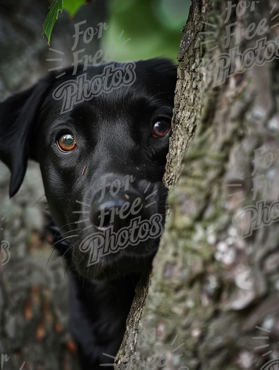 Curious Black Labrador Peeking from Behind Tree Bark