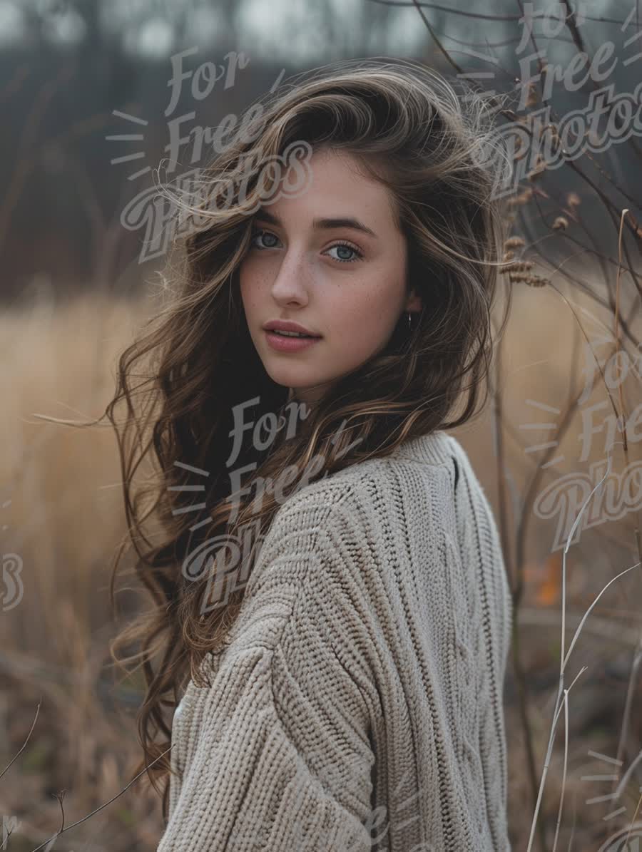 Natural Beauty in Autumn Landscape: Portrait of a Young Woman with Flowing Hair