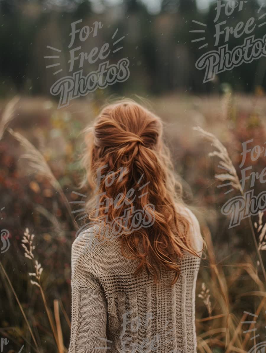 Serene Autumn Portrait of a Woman in Nature with Flowing Hair