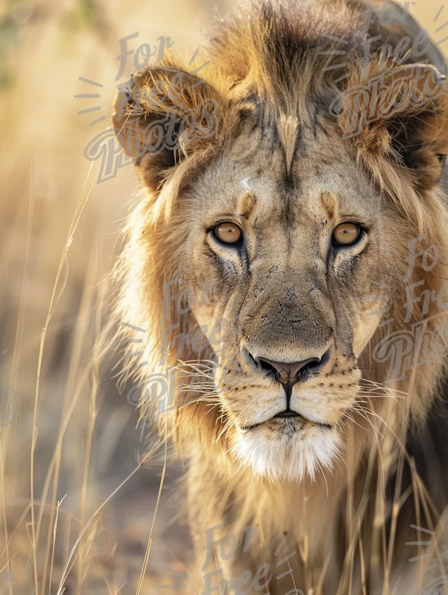 Majestic Lion Portrait in Golden Grasslands - Wildlife Photography