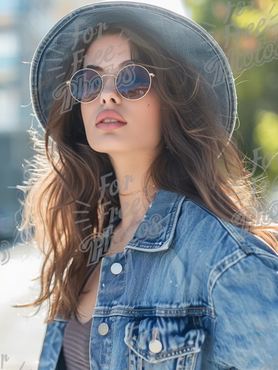 Trendy Summer Fashion: Young Woman in Denim Jacket and Sunglasses