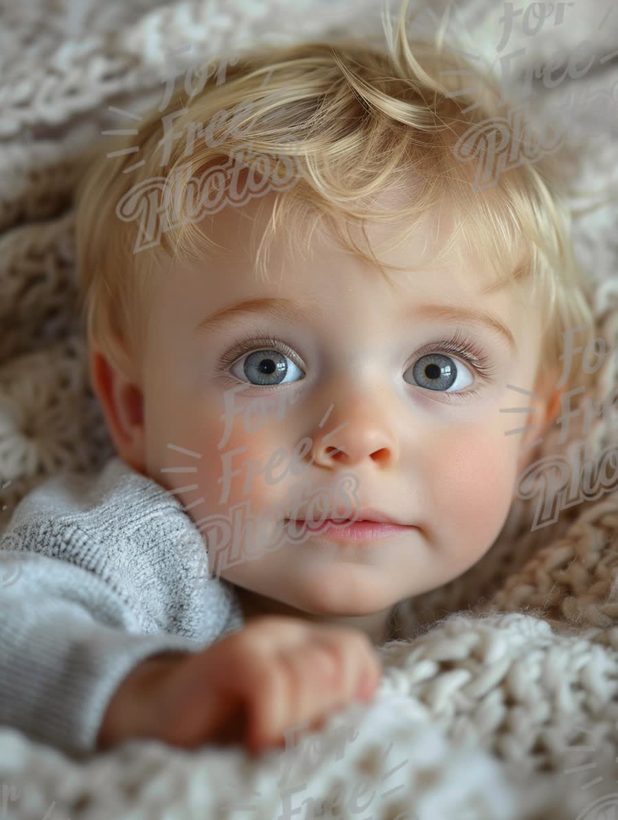 Adorable Baby with Bright Blue Eyes and Soft Blonde Hair, Cozy in Knit Blanket