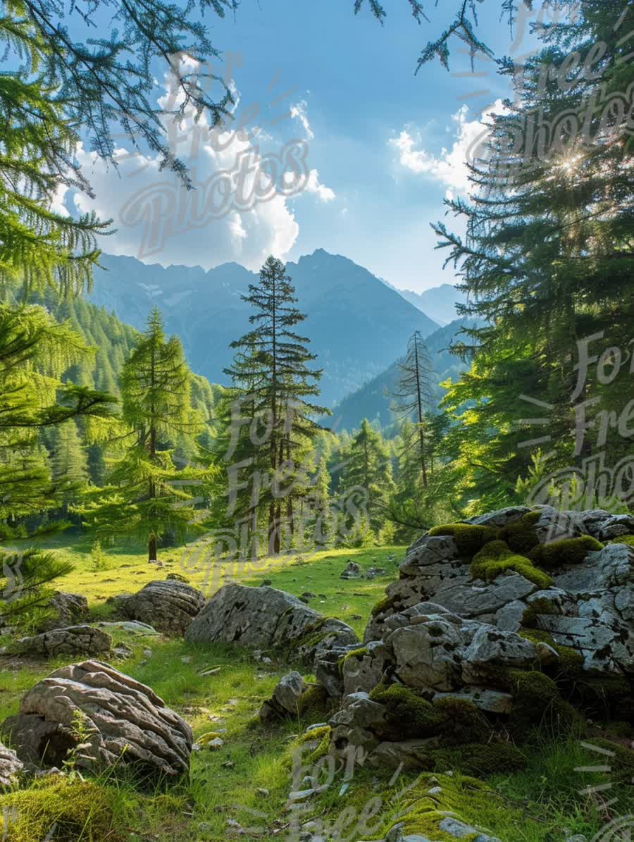 Serene Mountain Landscape with Lush Green Forest and Sunlight