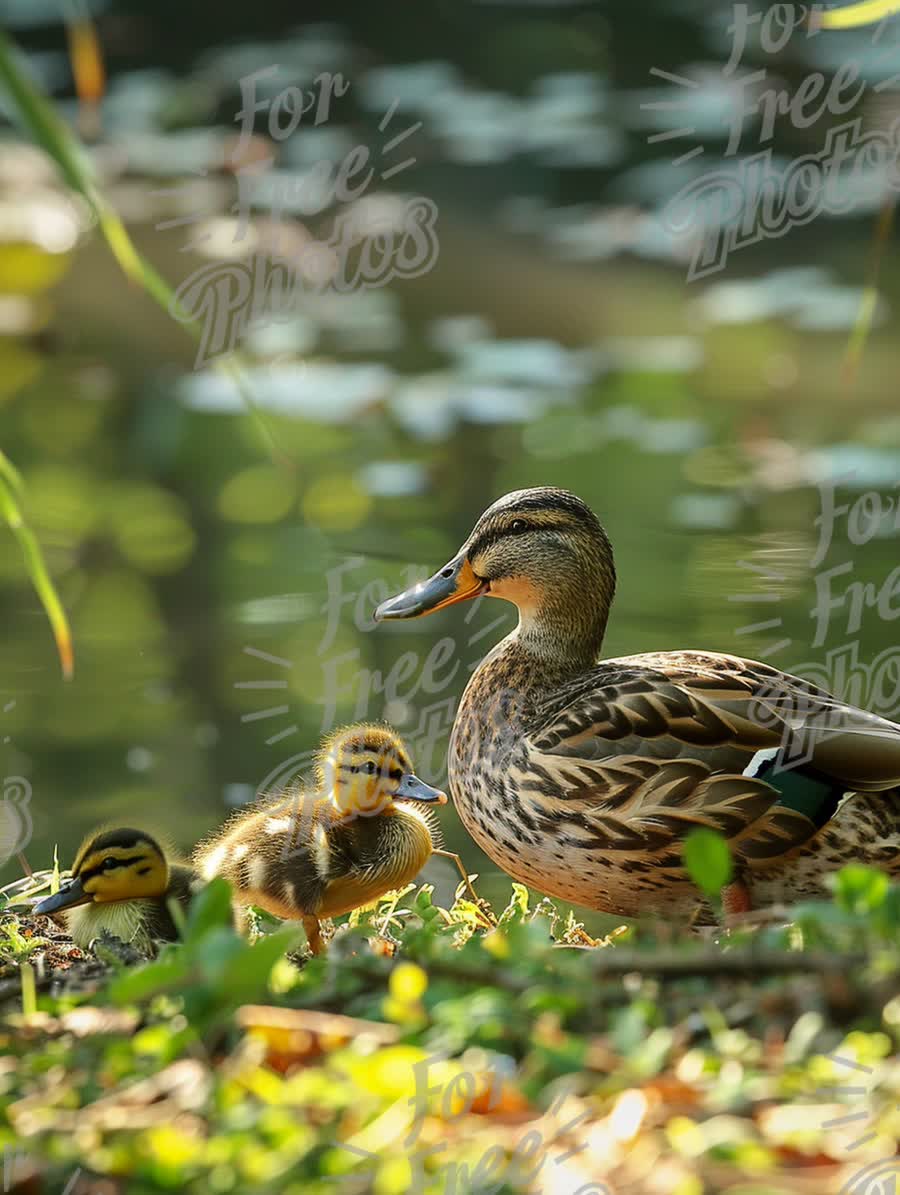 Mother Duck and Ducklings by Tranquil Pond: Nature's Family Moments