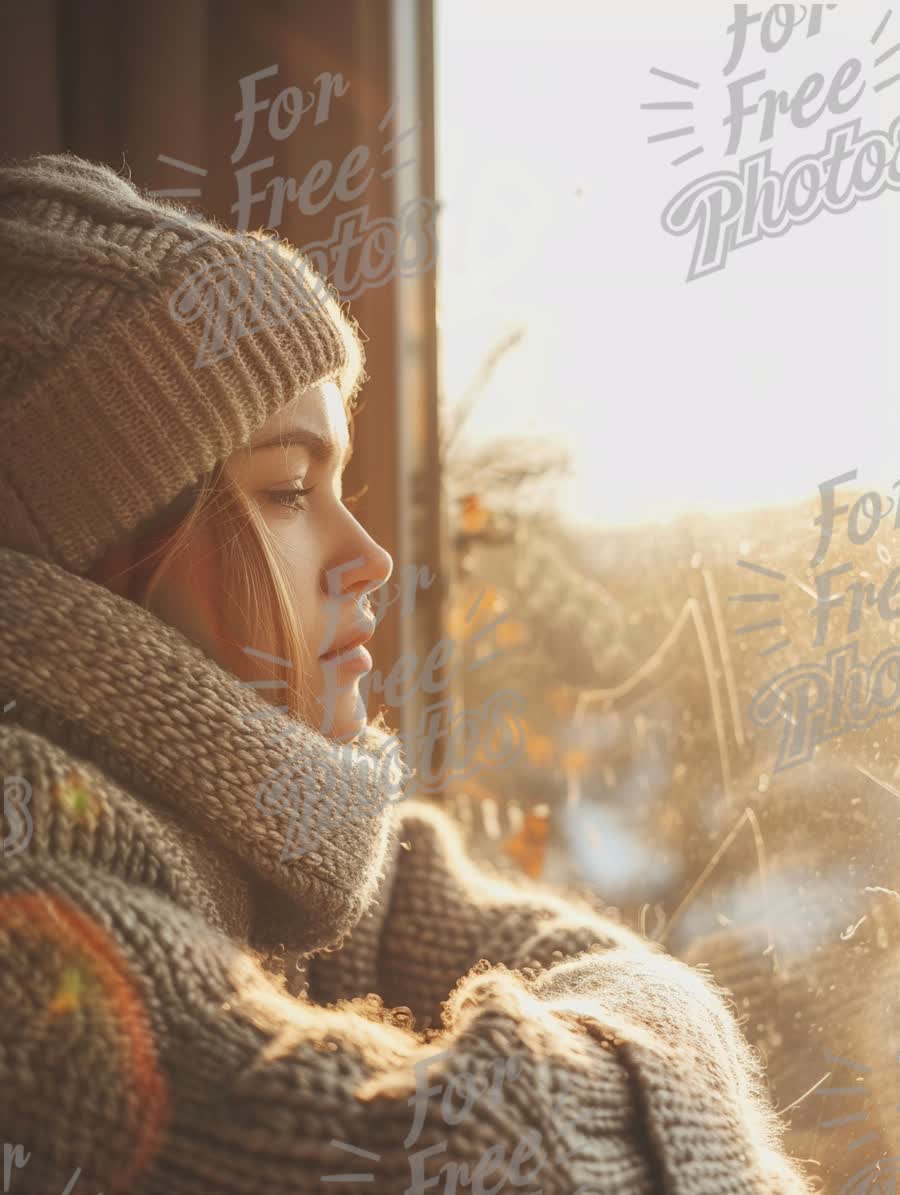 Cozy Winter Moments: Young Woman Gazing Out Window with Warm Knitwear at Sunset