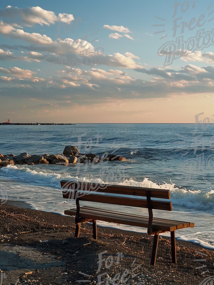 Serene Beachfront Bench at Sunset: Tranquil Coastal Escape