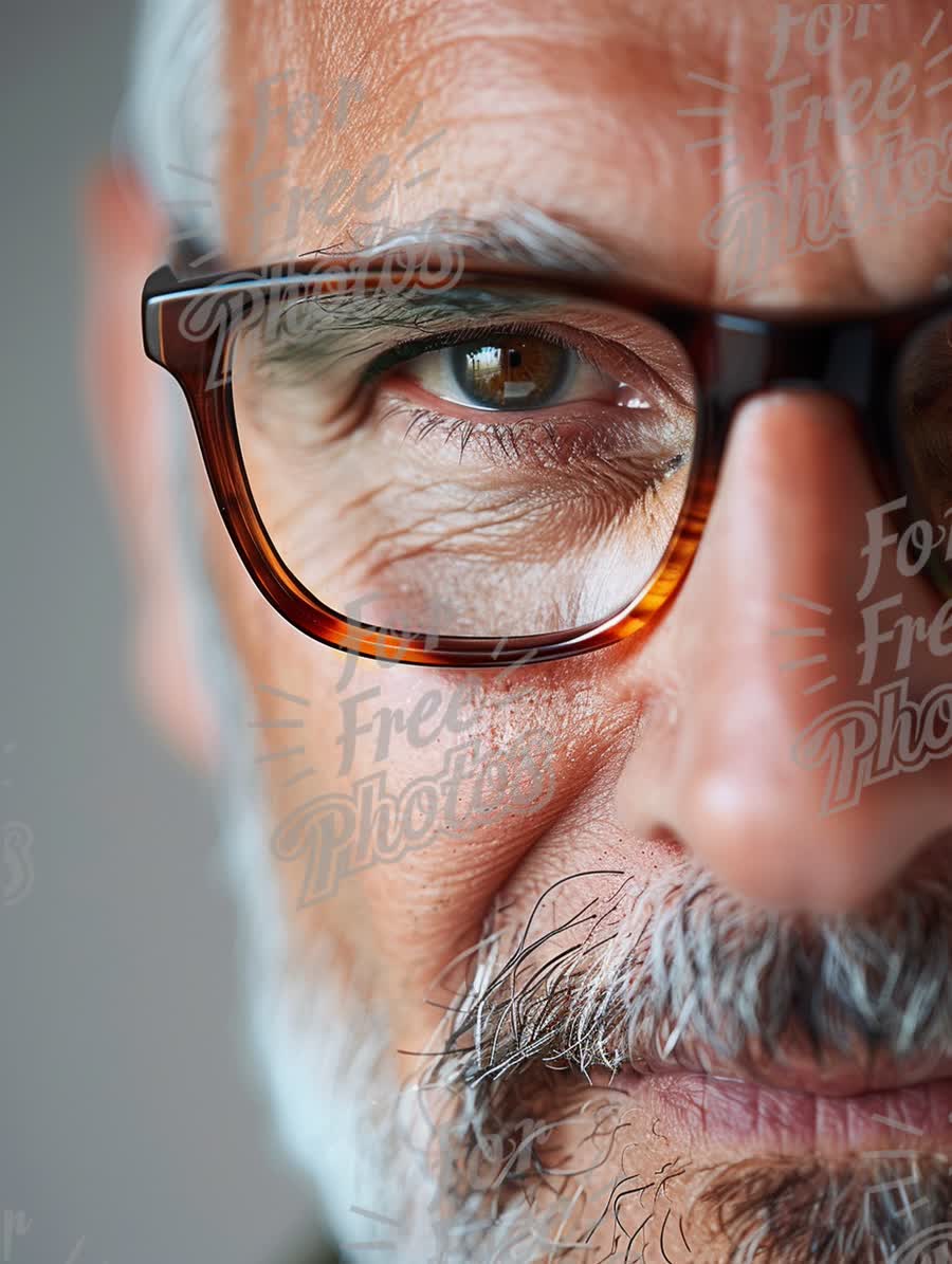 Close-Up Portrait of a Mature Man with Glasses, Emphasizing Wisdom and Experience