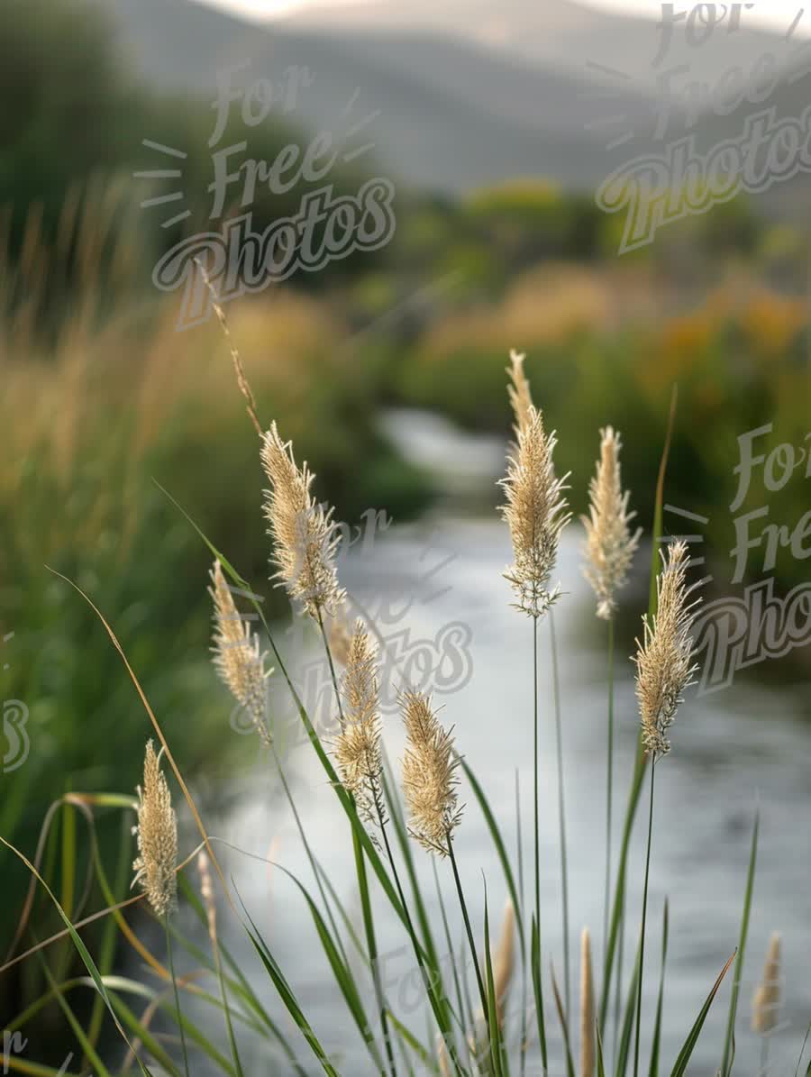 Serene Riverbank with Tall Grasses at Sunset - Nature Landscape