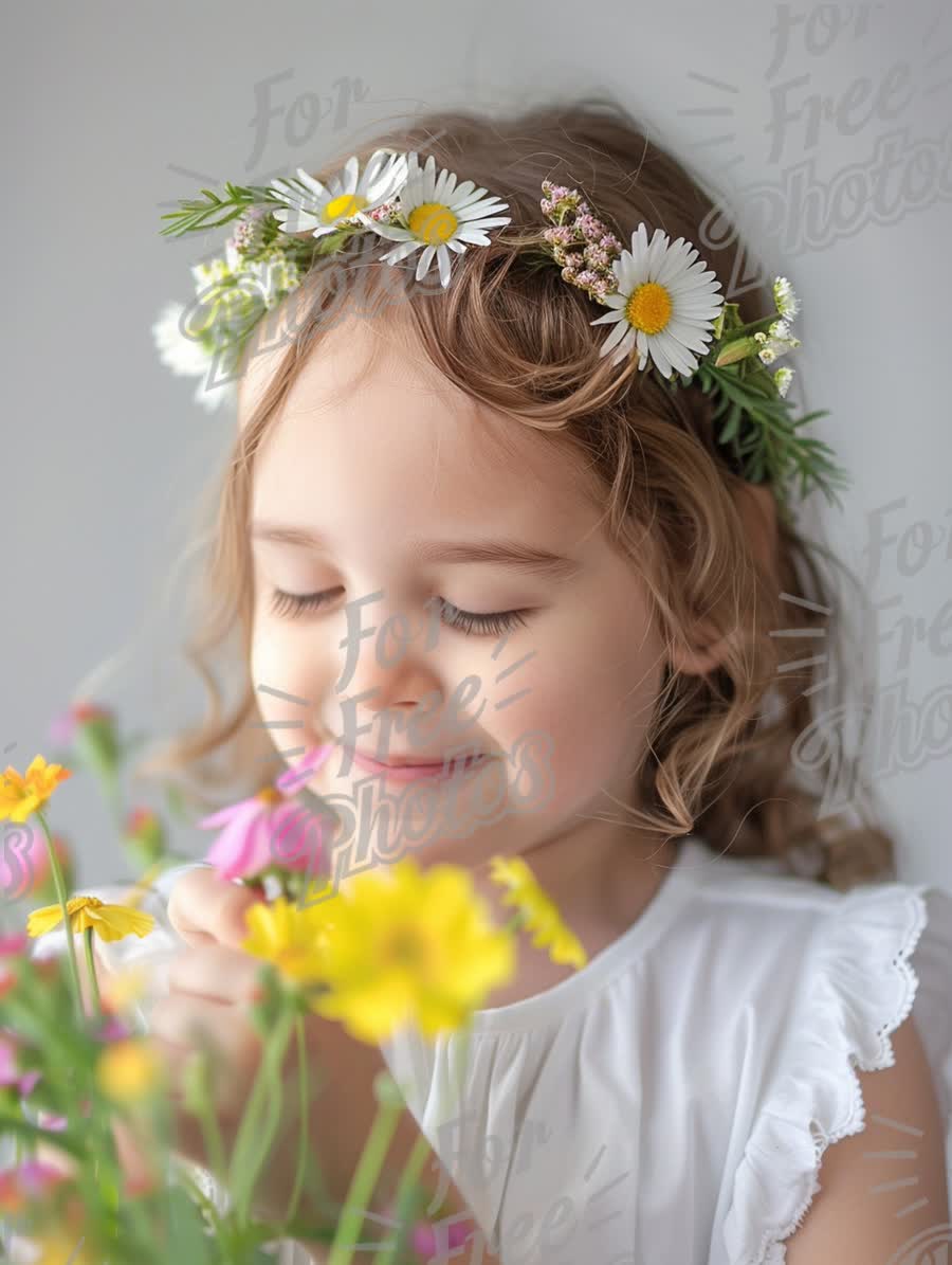 Joyful Child with Flower Crown in Blooming Garden