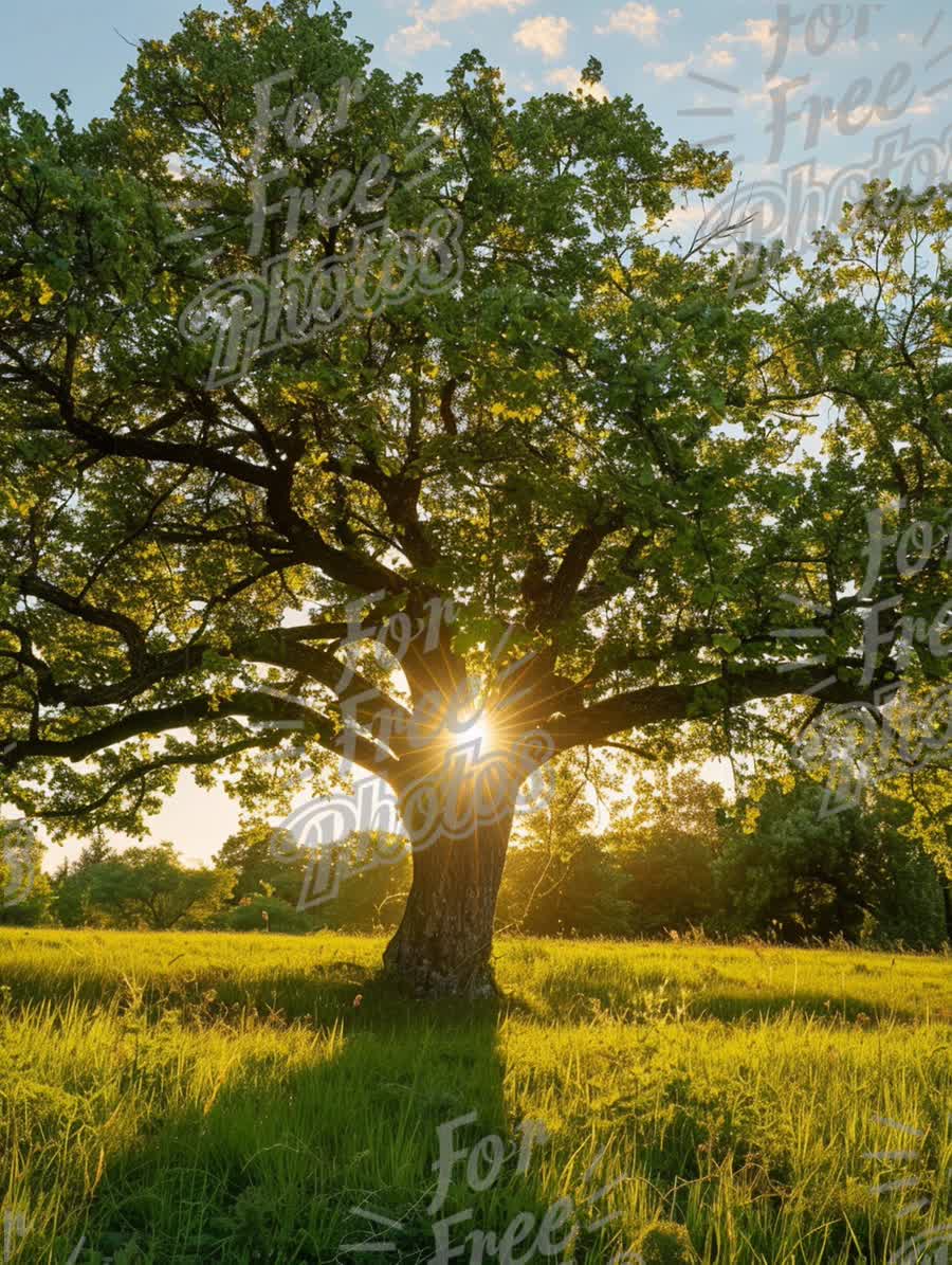 Majestic Oak Tree with Sunburst in Lush Green Field at Sunset