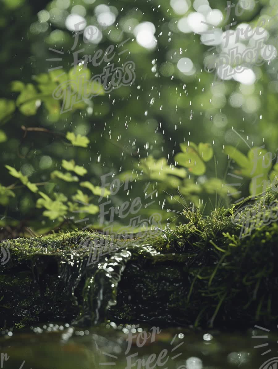 Serene Forest Waterfall with Raindrops and Lush Greenery