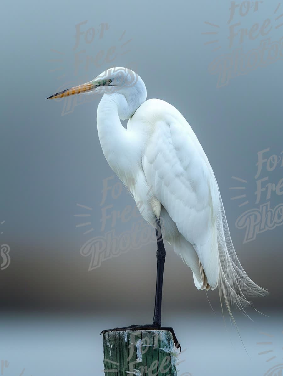 Elegant Great Egret Perched on Post in Serene Foggy Landscape