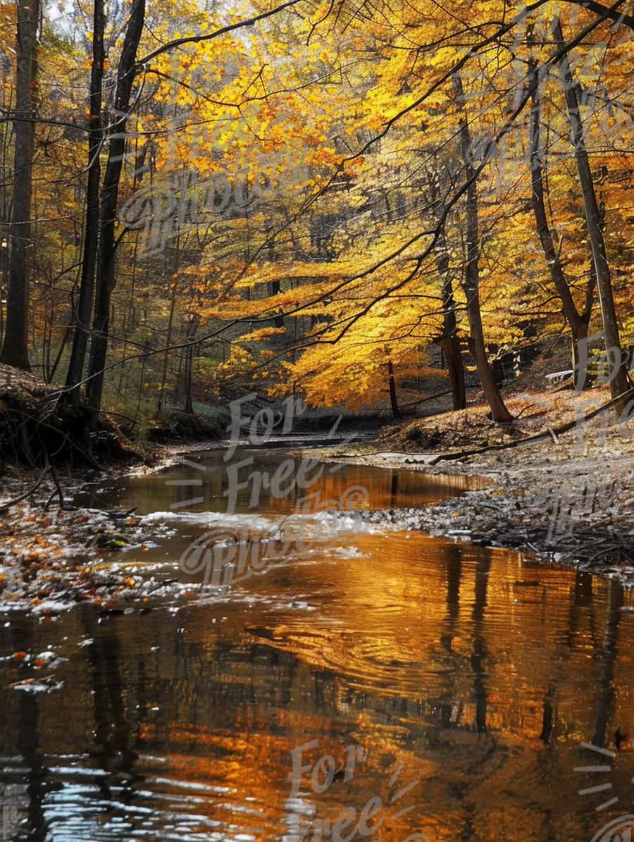 Serene Autumn Landscape with Golden Leaves and Reflective Stream