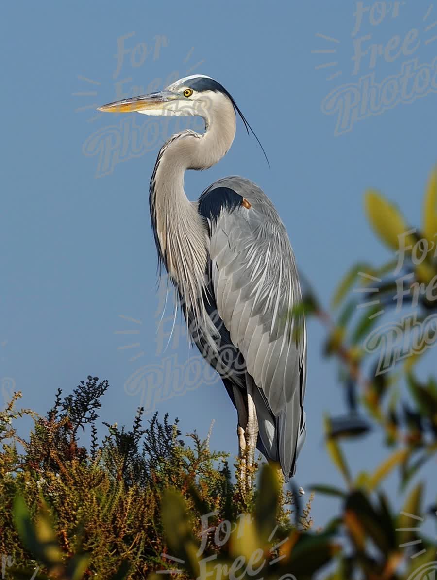 Majestic Grey Heron Standing Among Greenery Against Clear Blue Sky