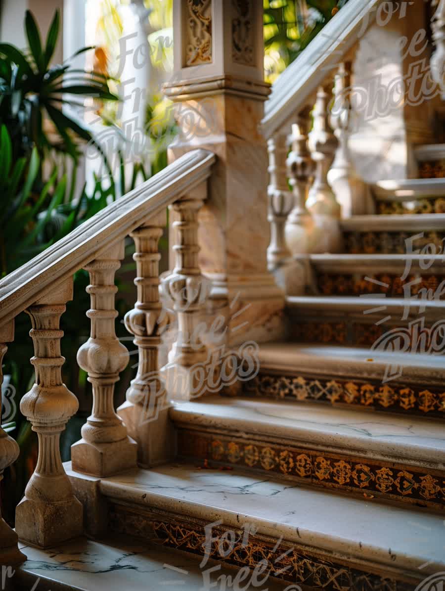 Elegant Marble Staircase with Intricate Design and Lush Greenery