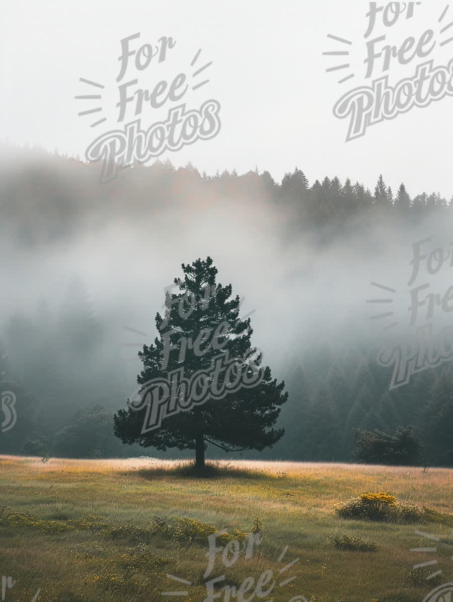 Serene Misty Landscape with Lone Pine Tree in Foggy Forest