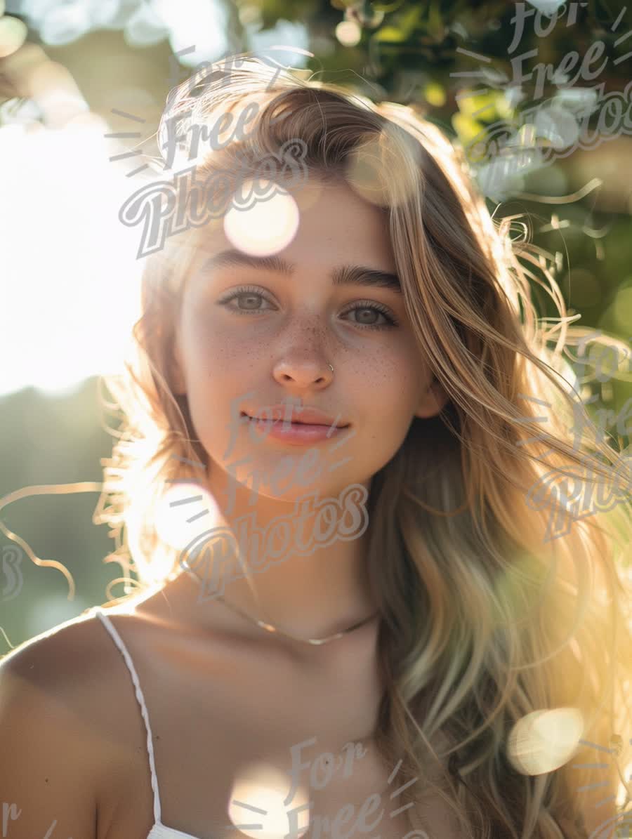 Radiant Young Woman with Sunlit Hair and Bokeh Background