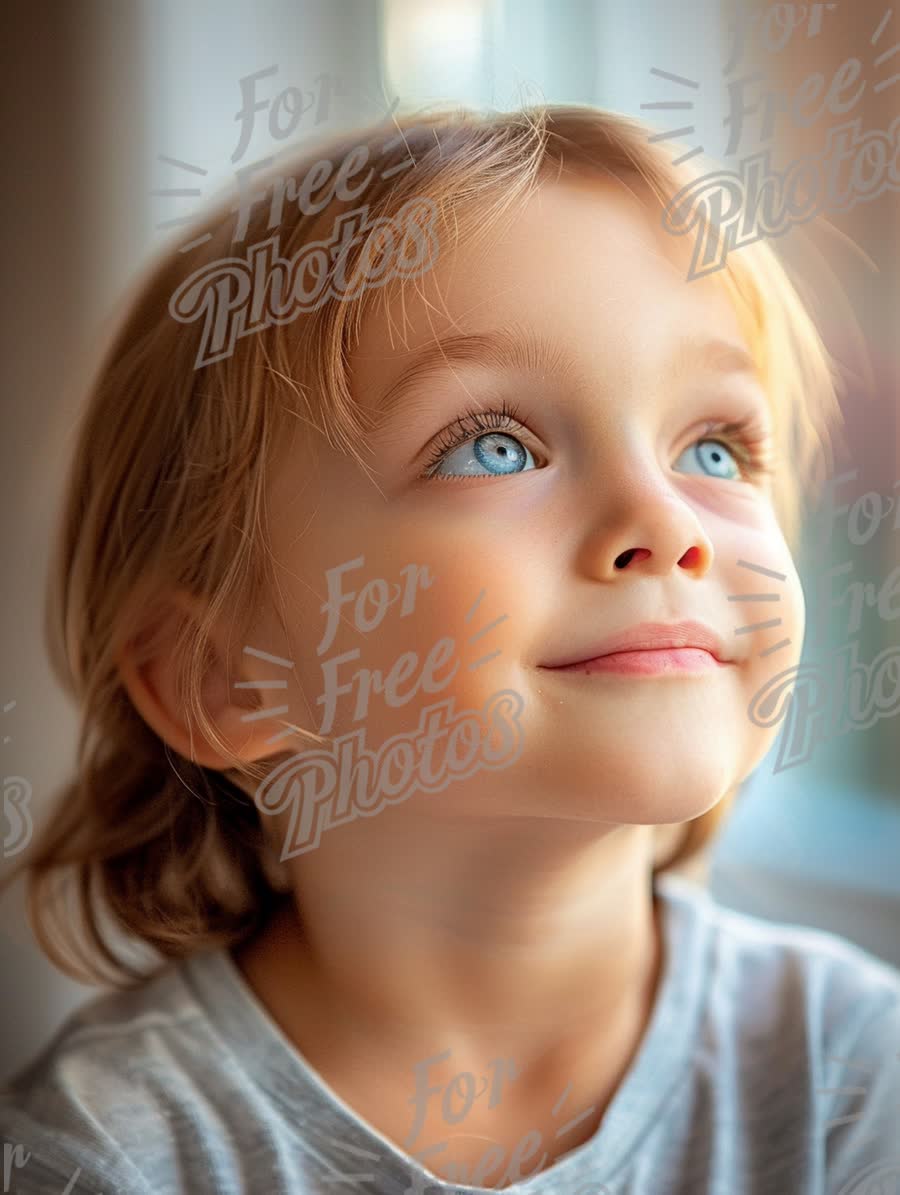 Joyful Child with Bright Blue Eyes Looking Upwards in Natural Light