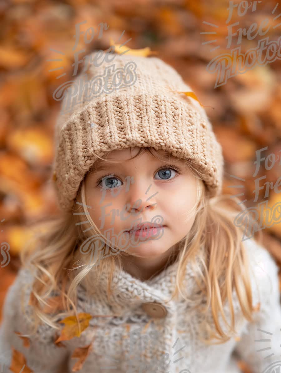 Adorable Child in Autumn Leaves Wearing Cozy Knit Hat