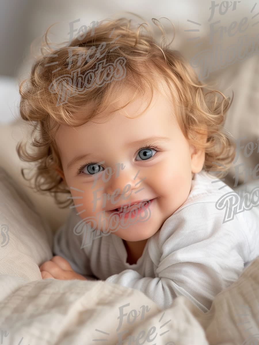 Adorable Baby Smiling with Curly Hair in Cozy Bedding