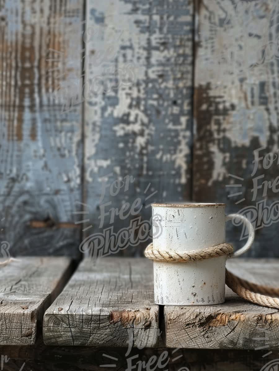 Rustic Coffee Mug with Twine on Weathered Wooden Table