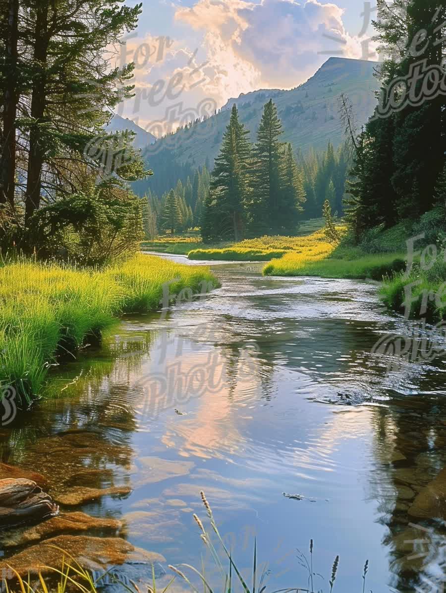 Tranquil Mountain Stream Reflecting Lush Greenery and Scenic Landscape