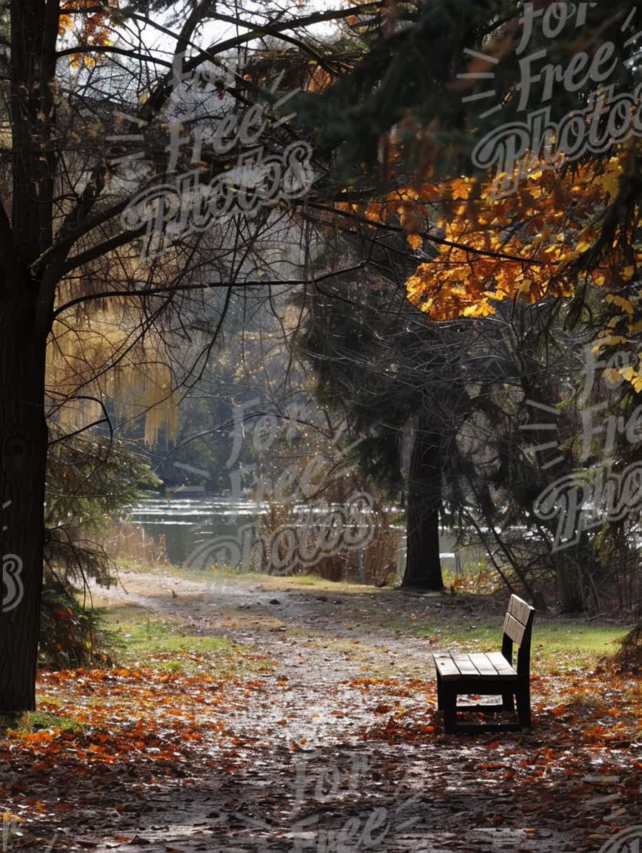 Tranquil Autumn Park Scene with Bench by the Water