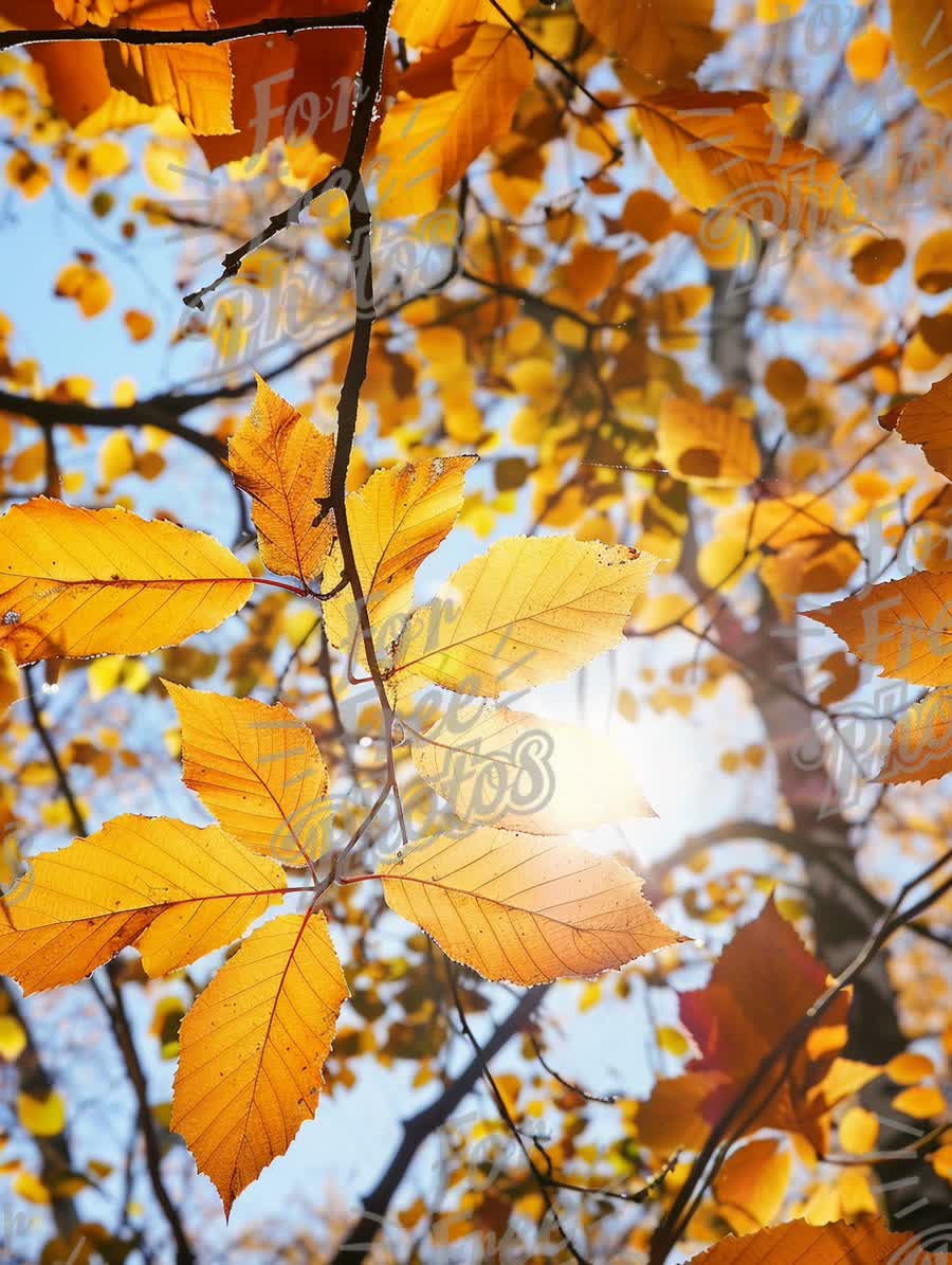 Golden Autumn Leaves with Sunlight Through Trees - Fall Nature Background