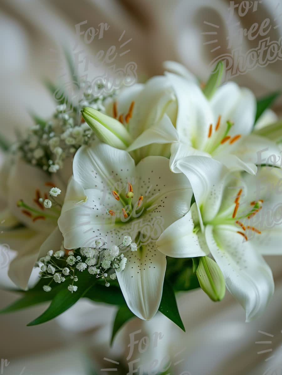 Elegant White Lily Bouquet with Delicate Baby's Breath on Soft Fabric Background