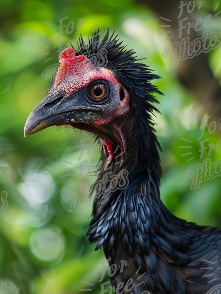 Exotic Black Bird with Striking Features Against Lush Green Background