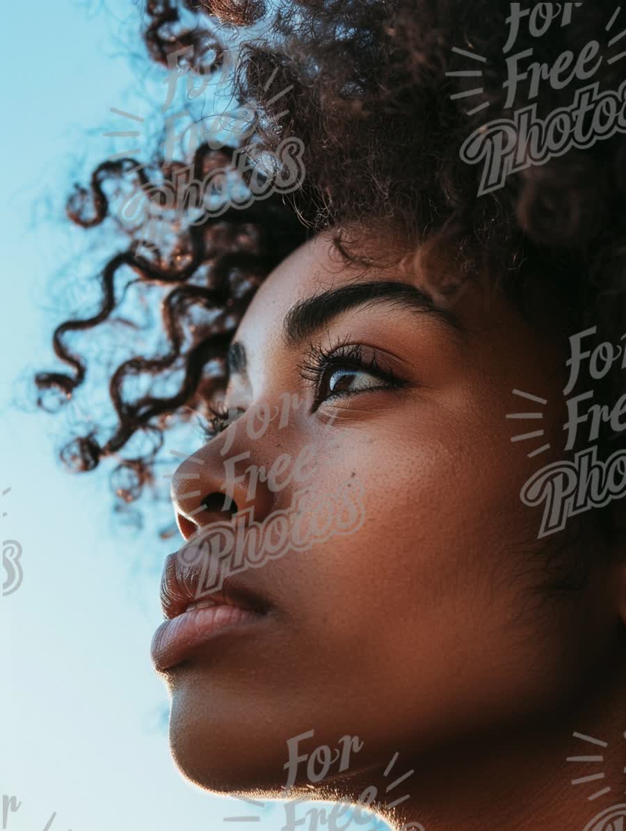 Empowered Woman with Natural Curls Against Clear Sky - Portrait of Strength and Beauty