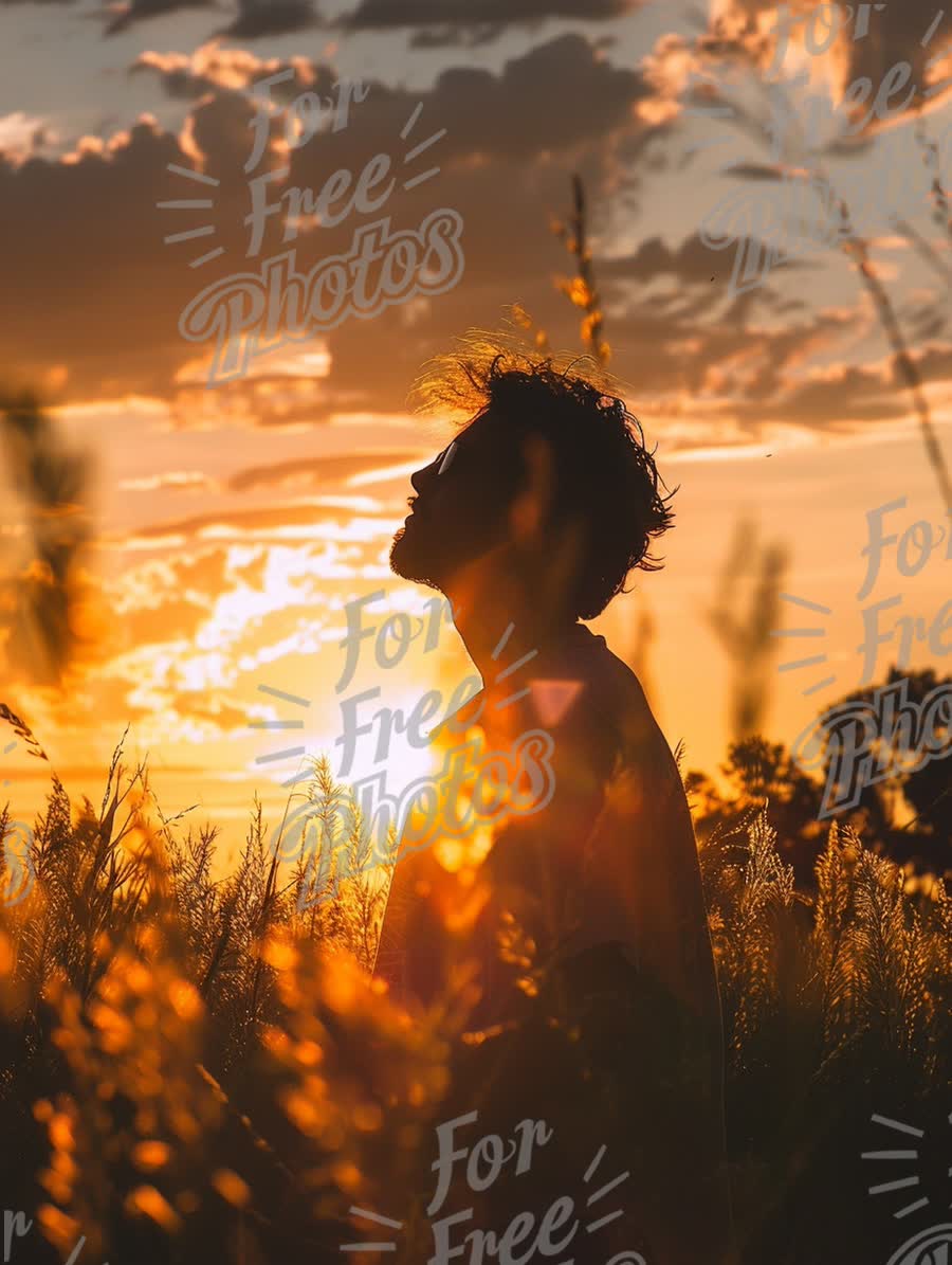 Silhouette of a Man at Sunset in a Golden Field