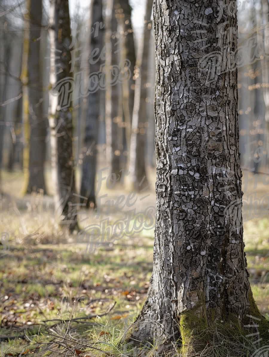 Serene Forest Landscape with Textured Tree Trunk in Soft Natural Light