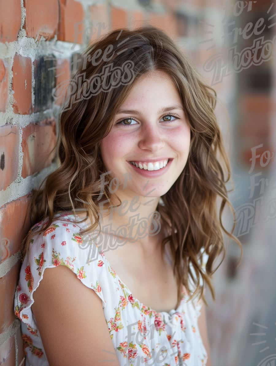 Natural Smiling Portrait of Young Woman Against Brick Wall