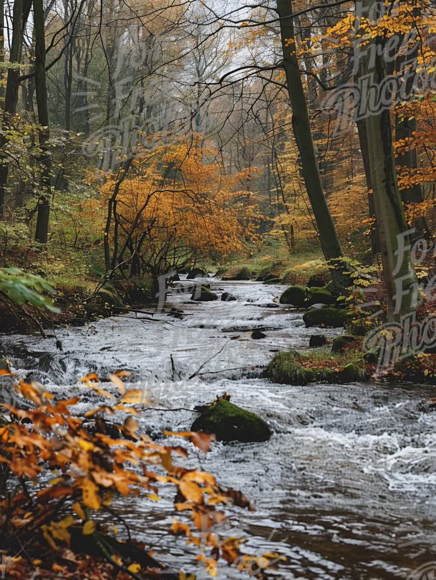 Serene Autumn Forest Stream with Vibrant Fall Foliage